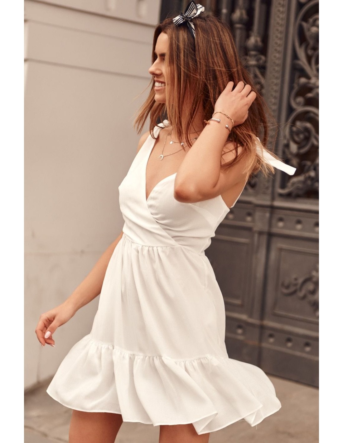 Lovely dress with an envelope neckline, cream PR3196 - Online store - Boutique